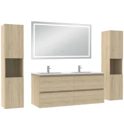 AICA Sanitaire Ensemble meubles Salle de Bain 120cm avec colonne et miroir lumineux 3 couleurs et dimmable Chêne Wotan