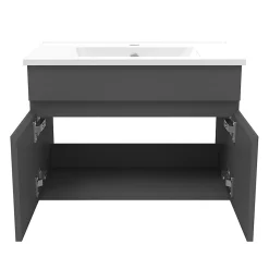 AICA Sanitaire Ensemble meubles Salle de Bain simple vasque 60cm + miroir rond lumineux Anthracite