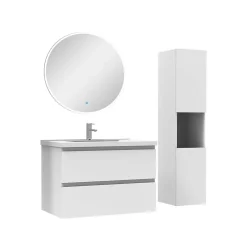 AICA Sanitaire Ensemble meubles simple vasque 80cm,colonne + miroir rond lumineux Blanc