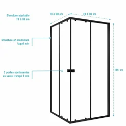 Aurlane Ensemble portes de douche coulissantes extensibles Noir 80/90x185cm - BLACK SLIDE 80-90