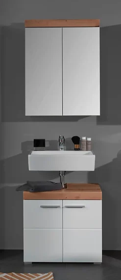 Meuble Sous Lavabo|Chb Collection Ensemble salle de bain 2 pièces. mélaminé couleur chêne/blanc brillant L - H - P : 60 - 190 - 34 cm