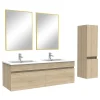 Ensemble Meuble De Salle De Bains|AICA Sanitaire Ensemble Salle De Bain 120cm Chêne Wotan meuble et miroir et colonne et double vasque