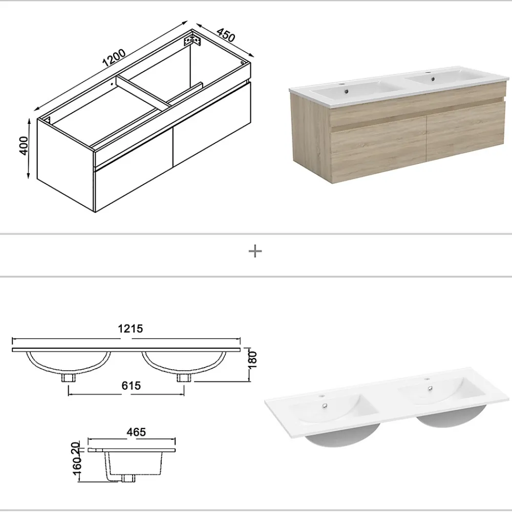Ensemble Meuble De Salle De Bains|AICA Sanitaire Ensemble Salle De Bain 120cm Chêne Wotan meuble et miroir et colonne et double vasque