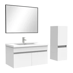 AICA Sanitaire Ensemble Salle De Bain 80cm Blanc meuble + miroir + colonne + simple vasque