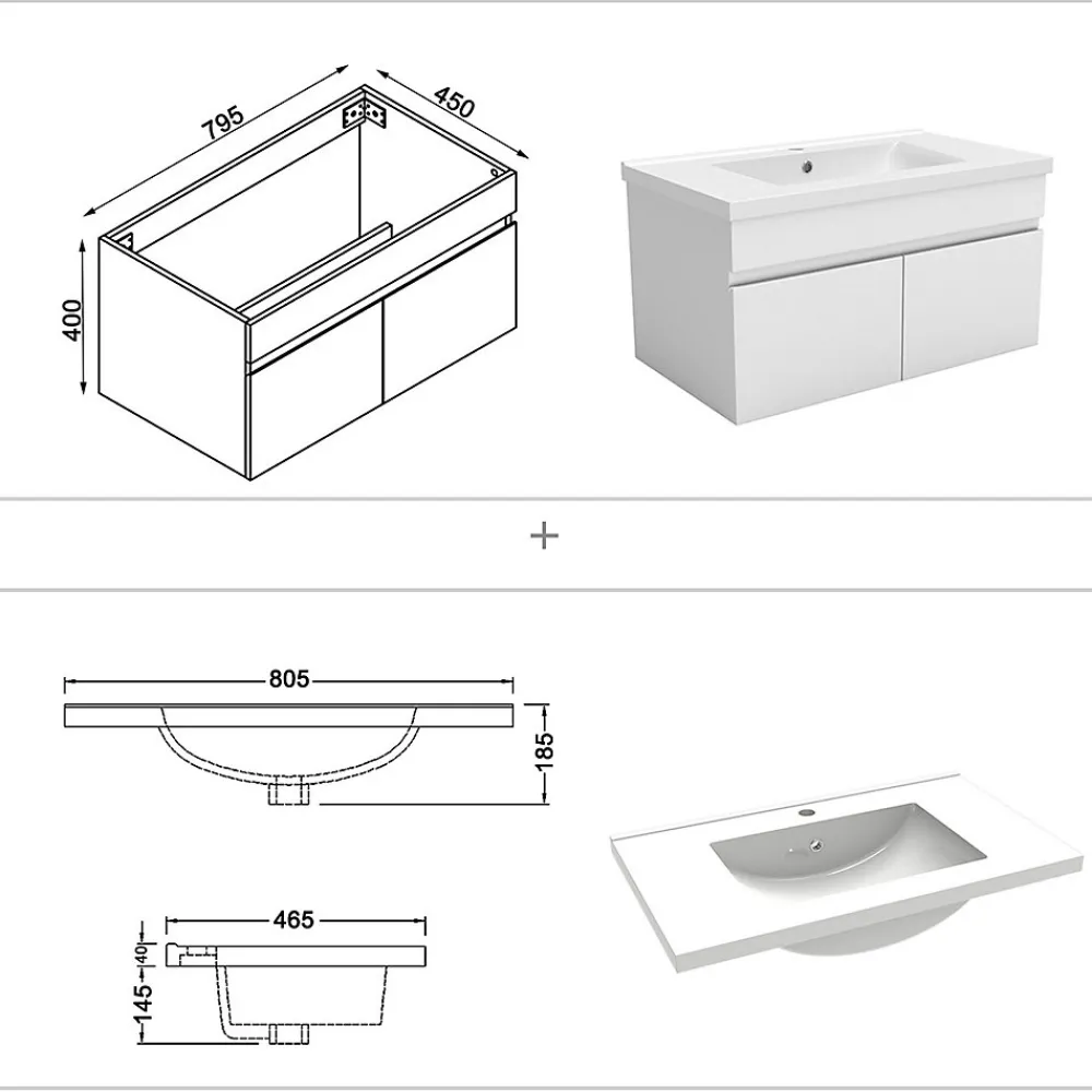 AICA Sanitaire Ensemble Salle De Bain 80cm Blanc meuble + miroir + colonne + simple vasque