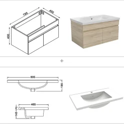 AICA Sanitaire Ensemble Salle De Bain 80cm meuble Chêne Wotan avec miroir lumineux