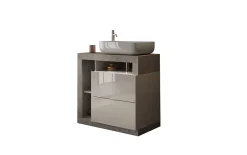 Autres Ensemble salle de bain meuble+miroir+vasque HAMBURG blanc brillant, béton 79 x 79 x 49 cm