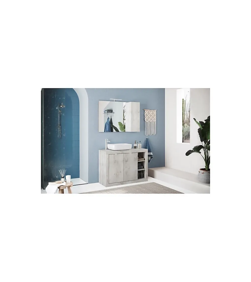 Autres Ensemble salle de bain, meuble+miroir+vasque BASIC pin blanc, 110 x 78 x 45 cm