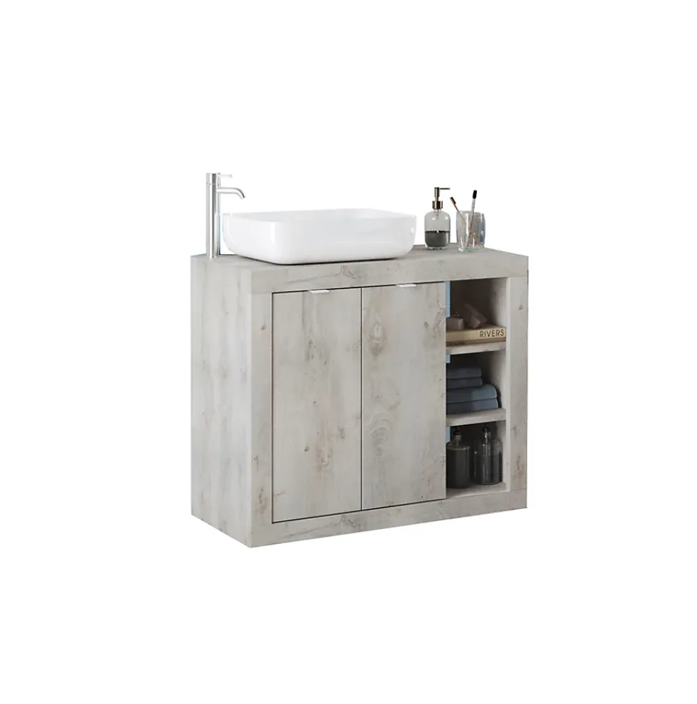 Autres Ensemble salle de bain, meuble+miroir+vasque BASIC pin blanc, 110 x 78 x 45 cm