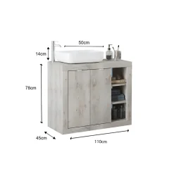 Autres Ensemble salle de bain, meuble+miroir+vasque BASIC pin blanc, 110 x 78 x 45 cm
