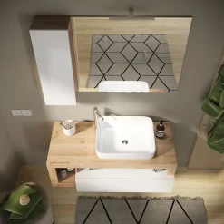 Meuble De Salle De Bains Faible Profondeur|Azura Home Design Ensemble salle de bain meuble suspendu+miroir+vasque HAMBURG blanc brillant, Kadiz 110 x 47 x 49 cm