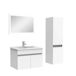 AICA Sanitaire Ensemble Salle De Bain simple vasque avec colonne et miroir 60cm meuble blanc