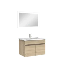 Ensemble Meuble De Salle De Bains|AICA Sanitaire Ensemble Salle De Bain simple vasque 60cm meuble Chêne Wotan avec miroir lumineux