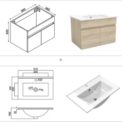 Ensemble Meuble De Salle De Bains|AICA Sanitaire Ensemble Salle De Bain simple vasque 60cm meuble Chêne Wotan avec miroir lumineux