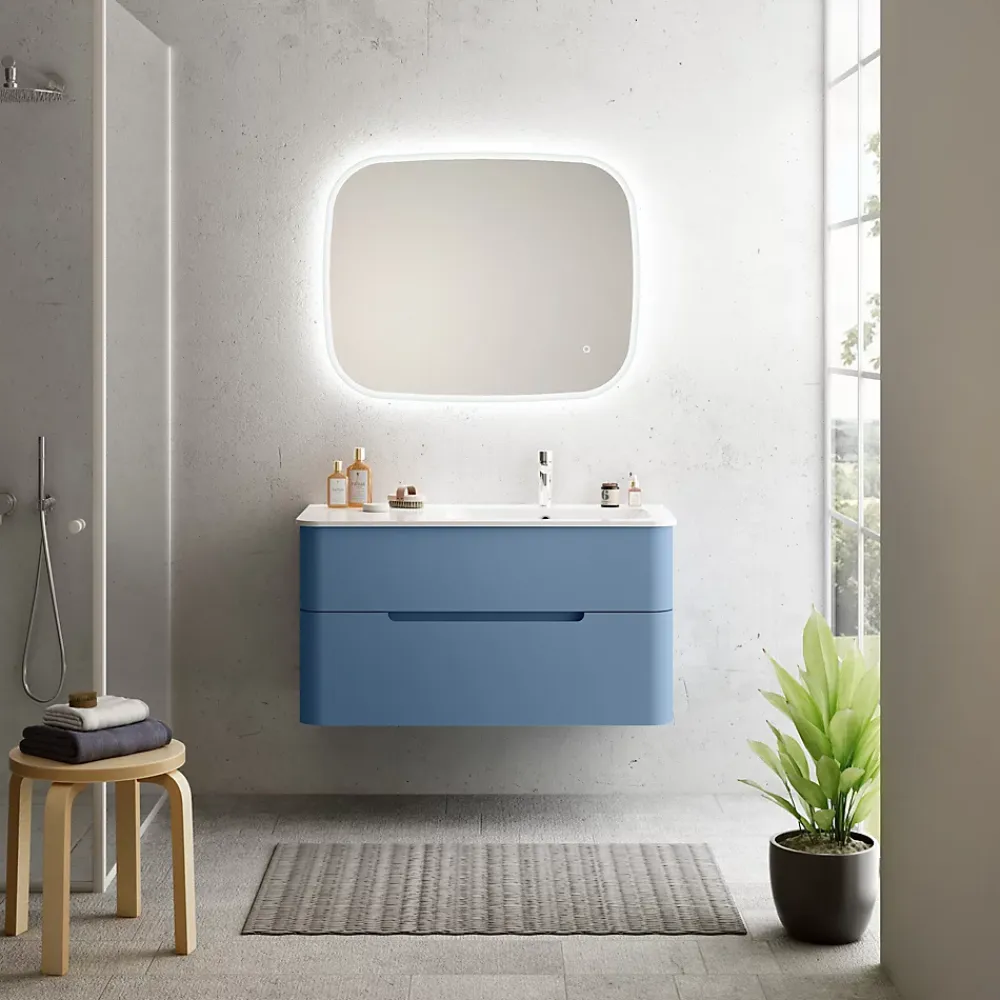 Meuble Vasque| Ensemble salle de bains L. 104 cm meuble sous vasque bleu mat + plan vasque à droite blanc brillant Alba