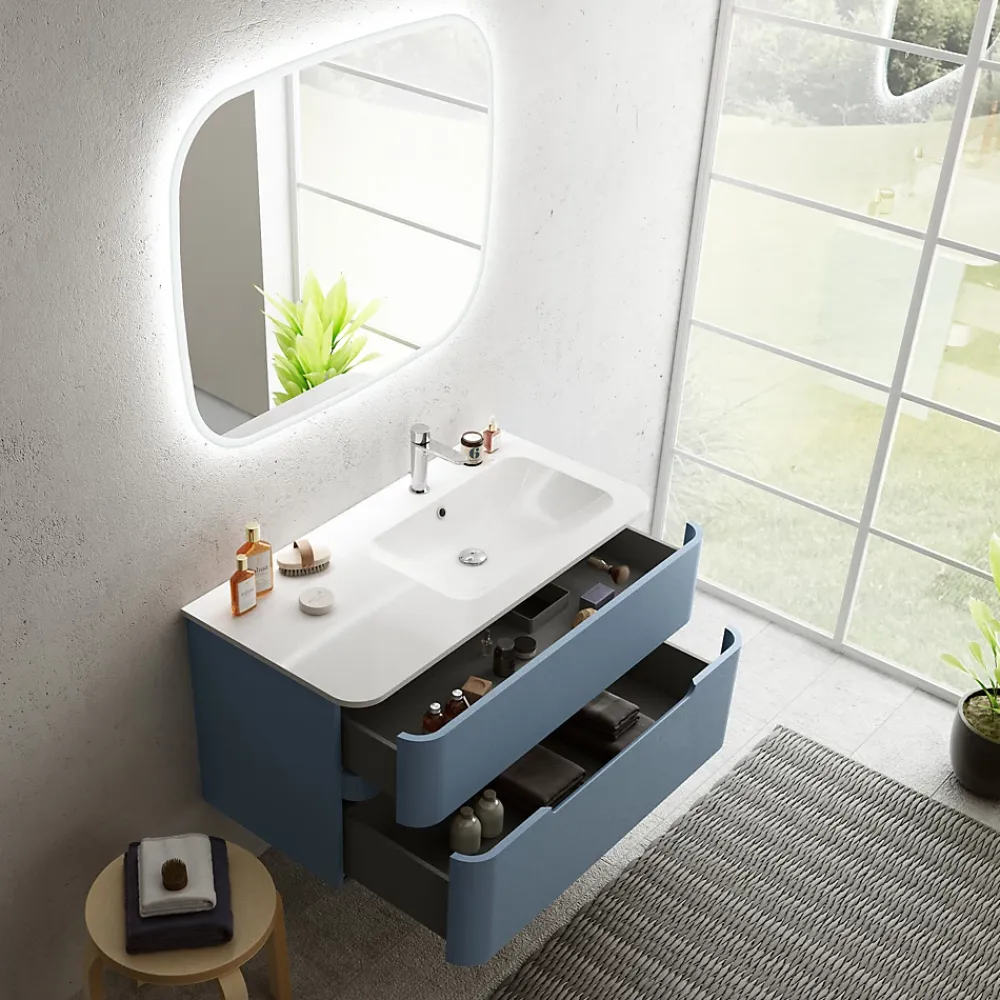 Meuble Vasque| Ensemble salle de bains L. 104 cm meuble sous vasque bleu mat + plan vasque à droite blanc brillant Alba