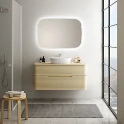Meuble Buanderie| Ensemble salle de bains L. 119 cm meuble sous vasque + plan de toilette décor bois natuel Alba