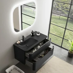 Ensemble salle de bains L. 104 cm meuble sous vasque noir mat + plan vasque à gauche noir mat Alba