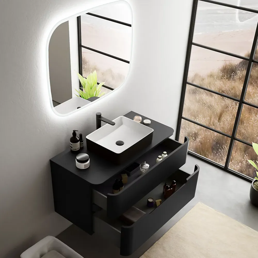 Ensemble salle de bains L. 104 cm meuble sous vasque + plan de toilette noir mat Alba