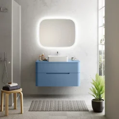 Meuble Buanderie| Ensemble salle de bains L. 104 cm meuble sous vasque + plan de toilette bleu mat Alba