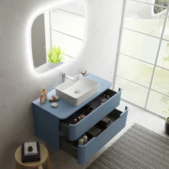 Meuble Buanderie| Ensemble salle de bains L. 104 cm meuble sous vasque + plan de toilette bleu mat Alba