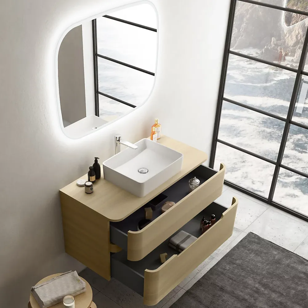 Ensemble salle de bains L. 104 cm meuble sous vasque + plan de toilette décor bois natuel Alba