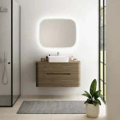 Meuble Buanderie| Ensemble salle de bains L. 104 cm meuble sous vasque + plan de toilette décor noyer Alba