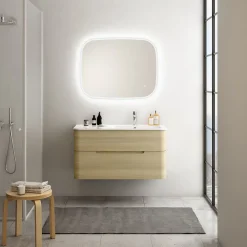 Ensemble salle de bains L. 104 cm meuble sous vasque décor chêne clair + plan vasque à droite blanc mat Alba