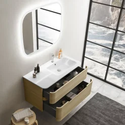 Ensemble salle de bains L. 104 cm meuble sous vasque décor chêne clair + plan vasque à droite blanc mat Alba