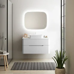 Meuble Buanderie| Ensemble salle de bains L. 104 cm meuble sous vasque + plan de toilette blanc mat Alba