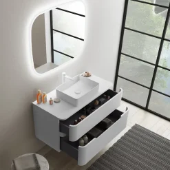 Meuble Buanderie| Ensemble salle de bains L. 104 cm meuble sous vasque + plan de toilette blanc mat Alba