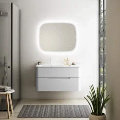 Ensemble salle de bains L. 104 cm meuble sous vasque blanc mat + plan vasque à gauche blanc brillant Alba