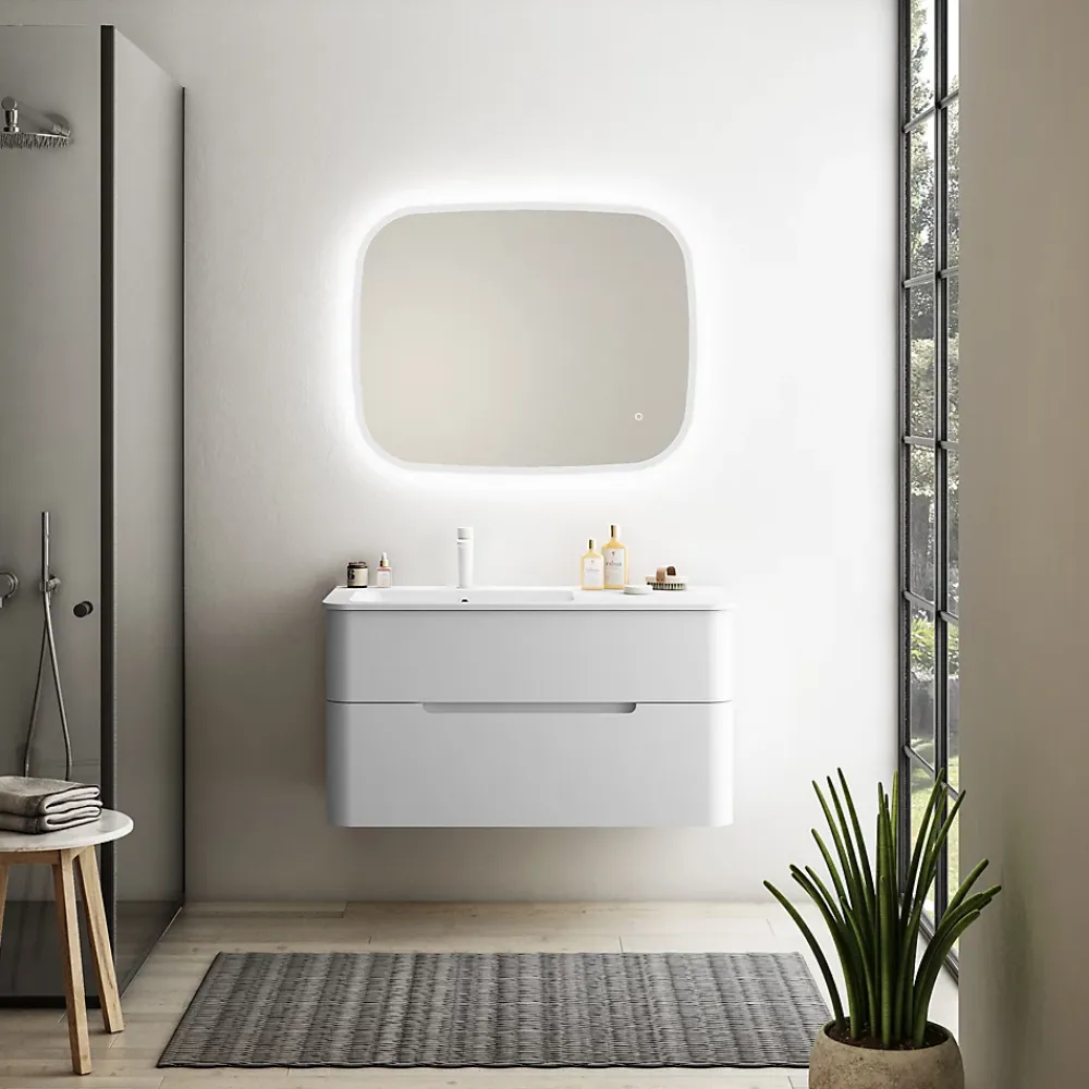 Ensemble salle de bains L. 104 cm meuble sous vasque blanc mat + plan vasque à gauche blanc brillant Alba