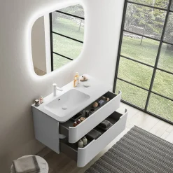 Ensemble salle de bains L. 104 cm meuble sous vasque blanc mat + plan vasque à gauche blanc brillant Alba