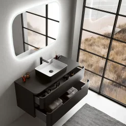Meuble Buanderie| Ensemble salle de bains L. 119 cm meuble sous vasque + plan de toilette noir mat Alba