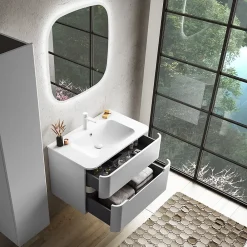 Ensemble salle de bains L. 84 cm meuble sous vasque blanc mat + plan vasque blanc brillant Alba