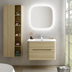 Ensemble salle de bains L. 84 cm meuble sous vasque décor chêne clair + plan vasque blanc brillant Alba