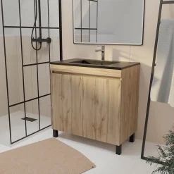 Meuble Vasque|Galedo Ensemble sous vasque à poser effet chêne naturel 2 portes + vasque noire, l.80 cm, Timber
