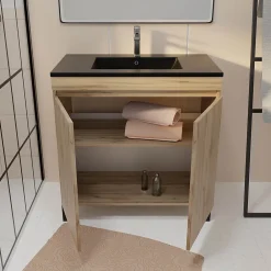 Meuble Vasque|Galedo Ensemble sous vasque à poser effet chêne naturel 2 portes + vasque noire, l.80 cm, Timber