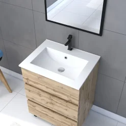 Ensemble Meuble De Salle De Bains|Galedo Ensemble sous vasque à poser effet chêne industriel 3 tiroirs + vasque blanche + 1 miroir, l.60 cm, Timber