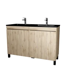 Meuble Vasque|Galedo Ensemble sous vasque à poser effet chêne naturel 4 portes + vasque double noire, l.120 cm, Timber