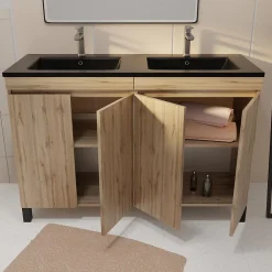 Meuble Vasque|Galedo Ensemble sous vasque à poser effet chêne naturel 4 portes + vasque double noire, l.120 cm, Timber