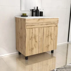 Meuble Vasque|Galedo Ensemble sous vasque à poser effet chêne industriel 2 portes + vasque blanche, l.80 cm, Timber