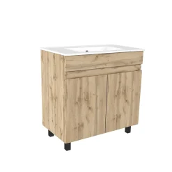 Meuble Vasque|Galedo Ensemble sous vasque à poser effet chêne industriel 2 portes + vasque blanche, l.80 cm, Timber