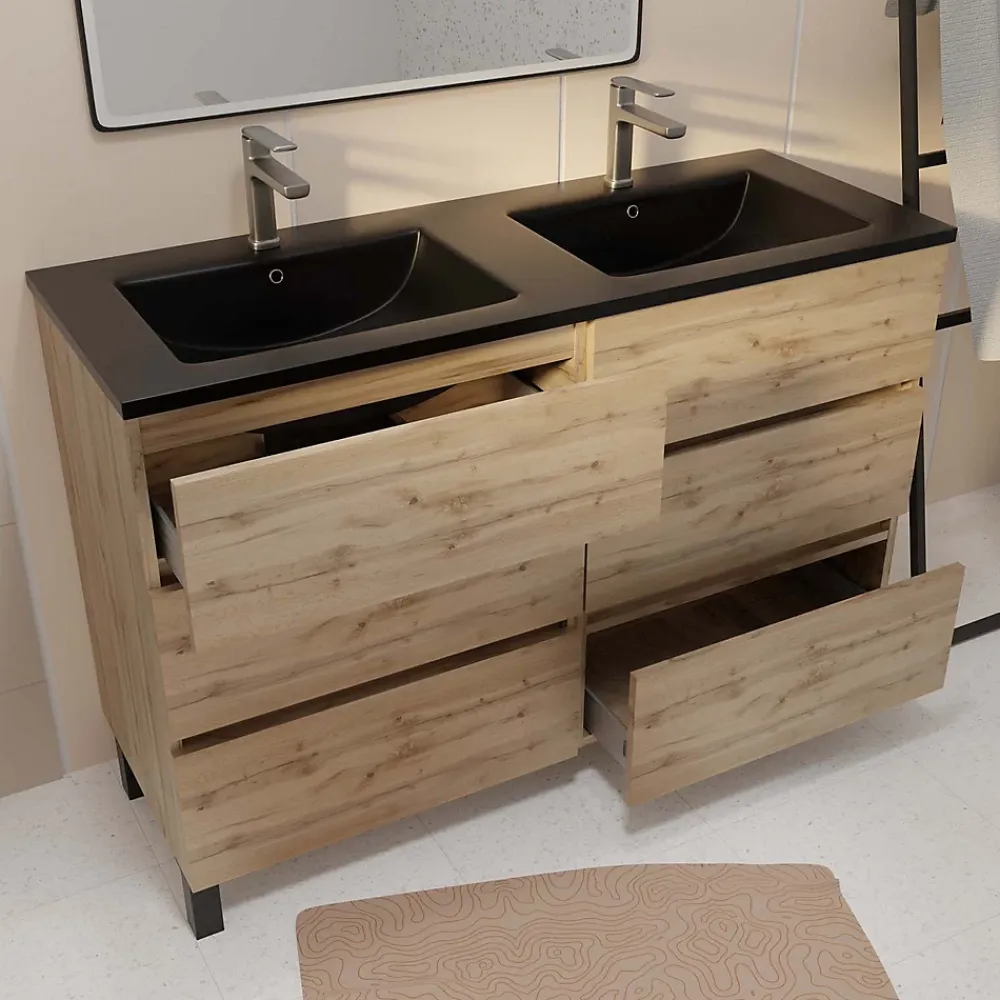Meuble Vasque|Galedo Ensemble sous vasque à poser effet chêne naturel 6 tiroirs + vasque double noire, l.120 cm, Timber