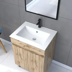 Ensemble Meuble De Salle De Bains|Galedo Ensemble sous vasque à poser effet chêne industriel 2 portes + vasque blanche + 1 miroir, l.60 cm, Timber