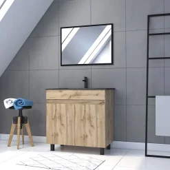 Ensemble Meuble De Salle De Bains|Galedo Ensemble sous vasque à poser effet chêne industriel 2 portes + vasque noire + miroir, l.80 cm, Timber