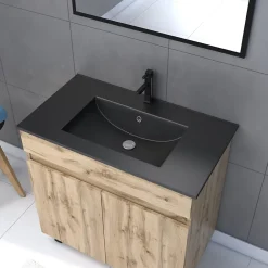 Ensemble Meuble De Salle De Bains|Galedo Ensemble sous vasque à poser effet chêne industriel 2 portes + vasque noire + miroir, l.80 cm, Timber