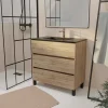 Galedo Ensemble sous vasque à poser effet chêne naturel 3 tiroirs + vasque noire, l.80 cm, Timber