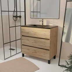 Galedo Ensemble sous vasque à poser effet chêne naturel 3 tiroirs + vasque noire, l.80 cm, Timber